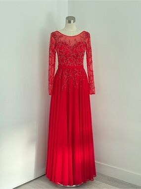 Red Beaded Long Sleeve Evening Gown